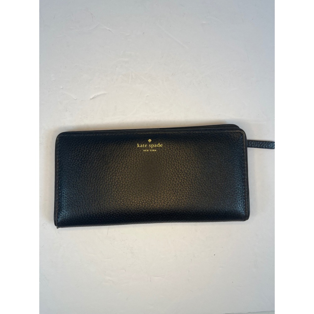 Kate Spade Black Pebbled Leather Bifold Continental Wallet Gold Logo Slim
